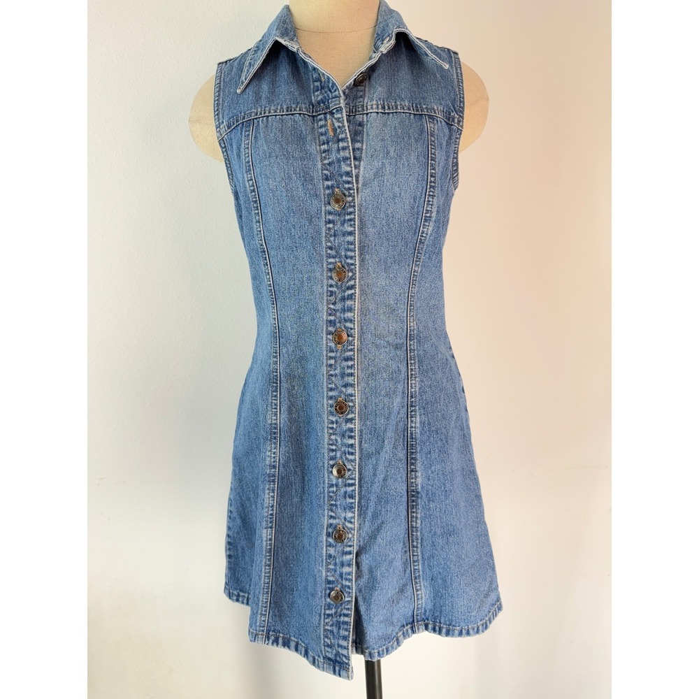Vintage 90s Blue Denim Button Front Mini Dress Tunic Cardigan Cotton Cottage - Picture 8 of 9